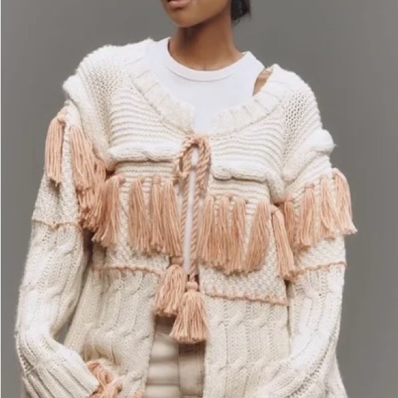 Anthropologie Cream and Pink Tassel Cardigan - Picture 3 of 5